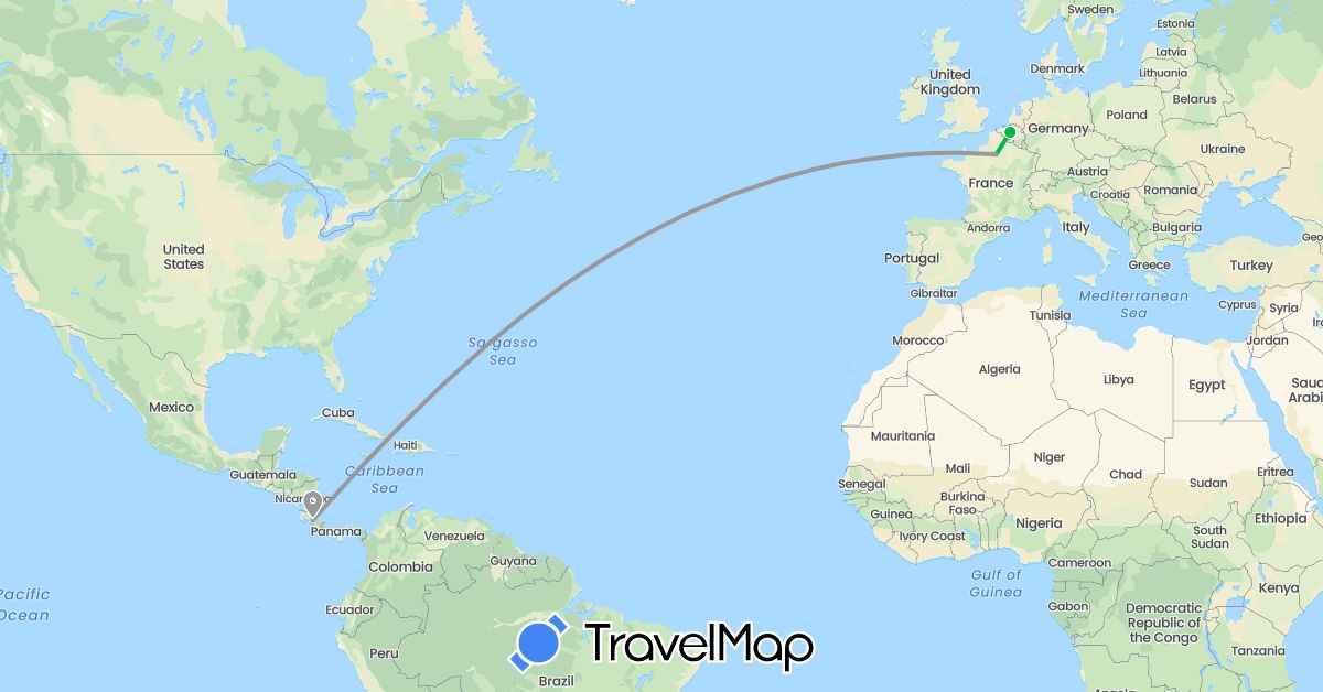 TravelMap itinerary: driving, bus, plane in Belgium, Costa Rica, France (Europe, North America)